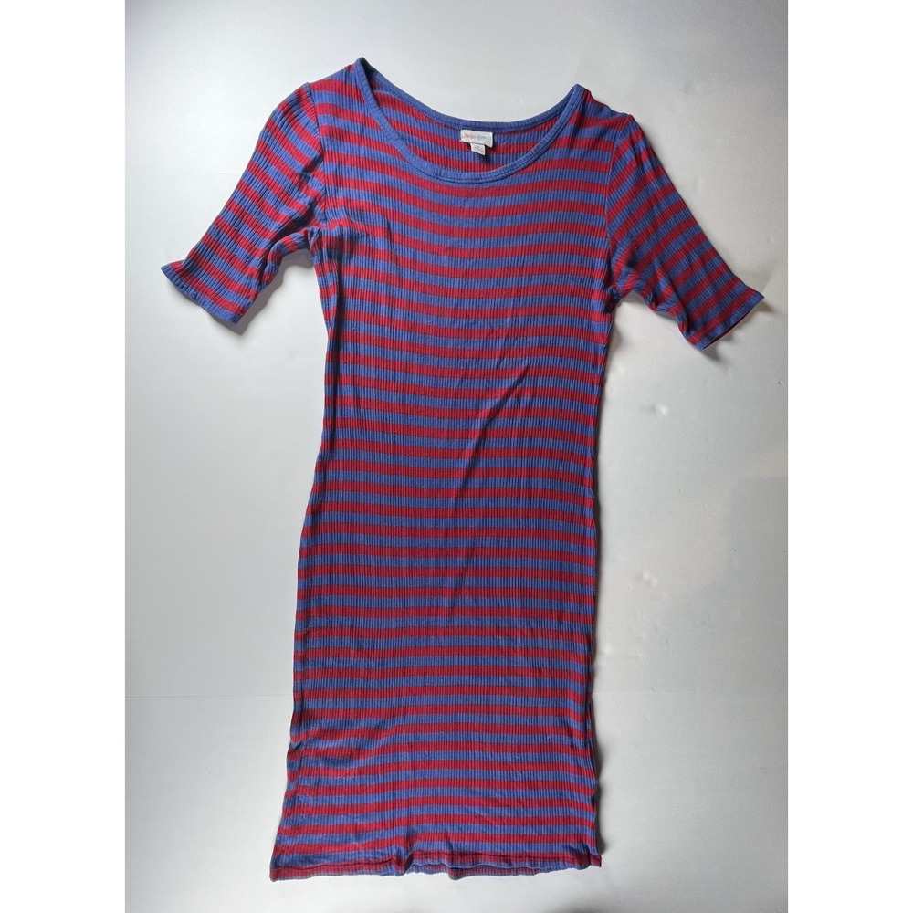 LuLaRoe Julia Red Blue Ribbed Midi Dress Stretch Bodycon Short Sleeve Women SZ M